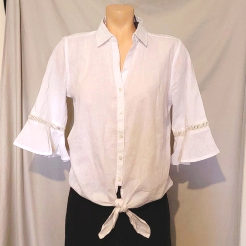 Harve Benard crisp 3/4 bell sleeve tie front linen blouse, NEW